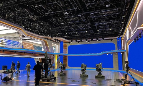 A view of the lighting trusses suspended above the sports broadcasting company's studio floor. The systems are designed to withstand earthquakes while providing years of trouble-free, uninterrupted use. 